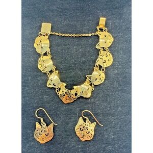 Wild Bryde Cat Bracelet Earrings Set Gold Tone Dangle Feline Jewelry Art